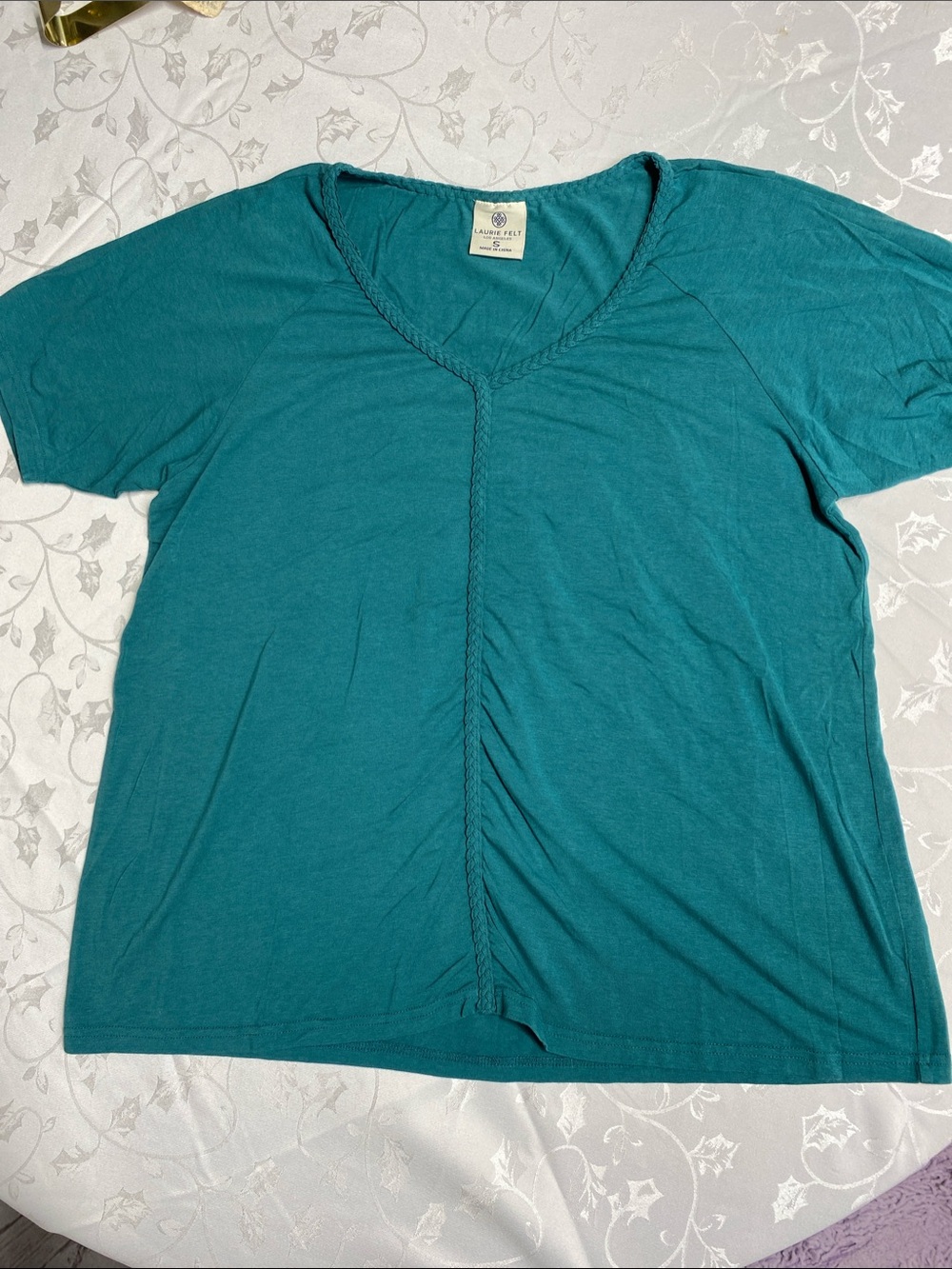 Laurie Felt Teal V-Neck Short Sleeve Top with Center Braid